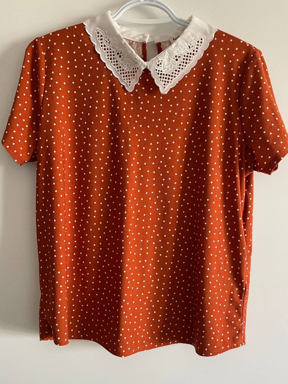 EUC Faith & Joy Retro Orange & White Polka Dot Short Sleeve Collar Blouse Medium